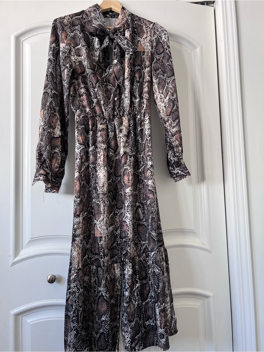 SHEIN Snake-Print Tie-Neck Maxi Dress in Brown, Black and Cream